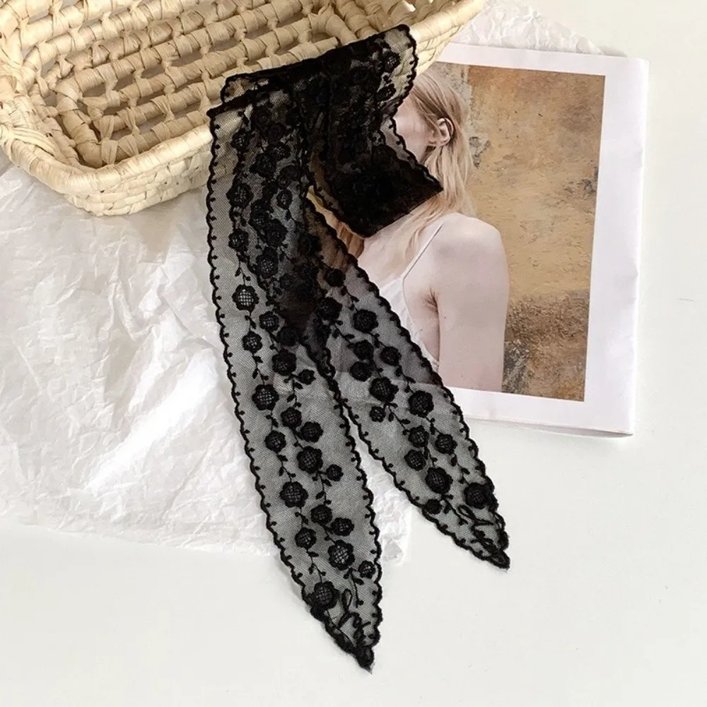 

Fashion Long Skinny Ribbon Lace Scarf Solid Color Thin Head Scarf Tie Up Floral Embroidery Decorative Belt