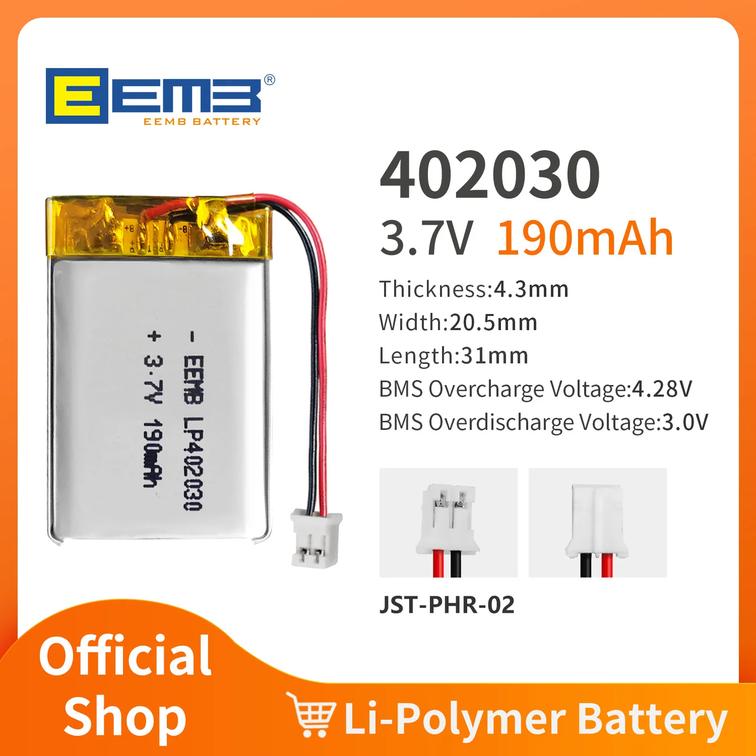 EEMB 402030 402535 3.7V Rechargeable Li-Polymer Battery 200mAh 500mAh for Bluetooth Headset Wireless Device Custom Plug