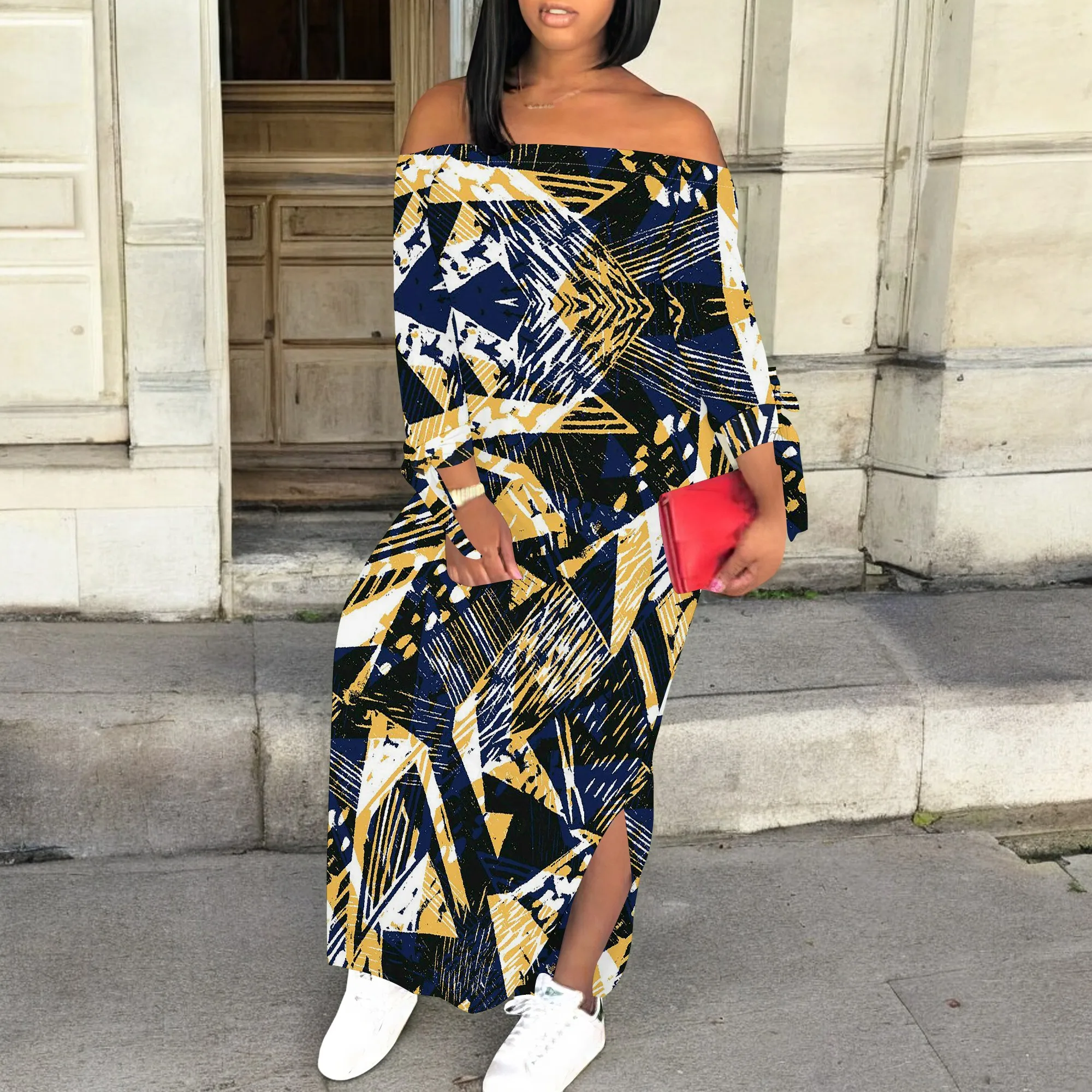 

Women's Boho Abstract Print Maxi Dress Off Shoulder Long Sleeve Loose Dress with Slit for Vacation Beach Wear S-3XL