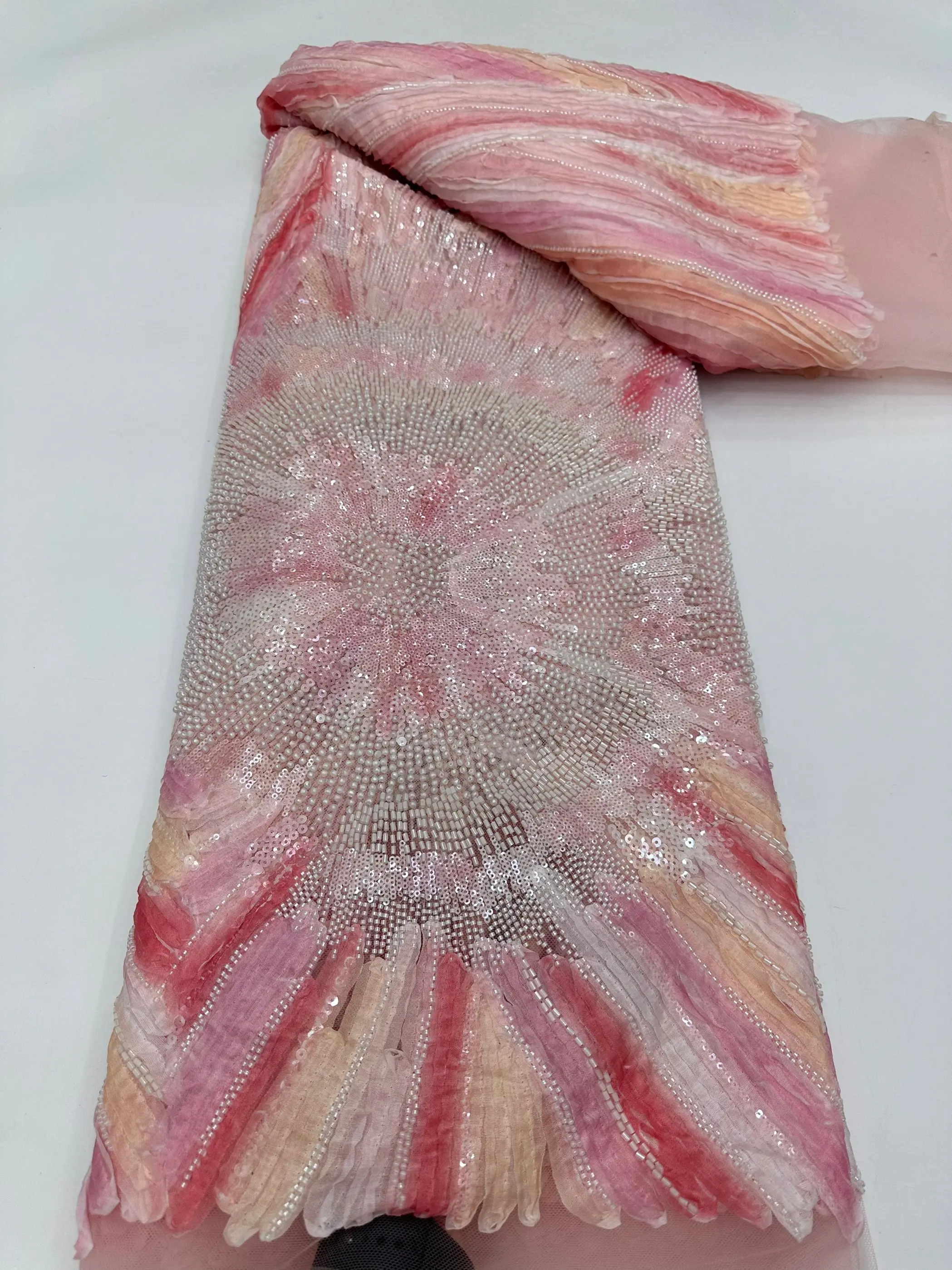 African Beaded Lace Fabric High Quality Nigerian Tulle Sequins Lace Fabric Suitable For Sewing Wedding Party Dress 5Yards
