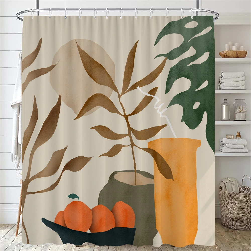 Bathroom Abstract Bohemian Leaves Shower Curtain Medieval Minimalist Art Print Polyester Fabric Shower Curtain with 12 Hooks