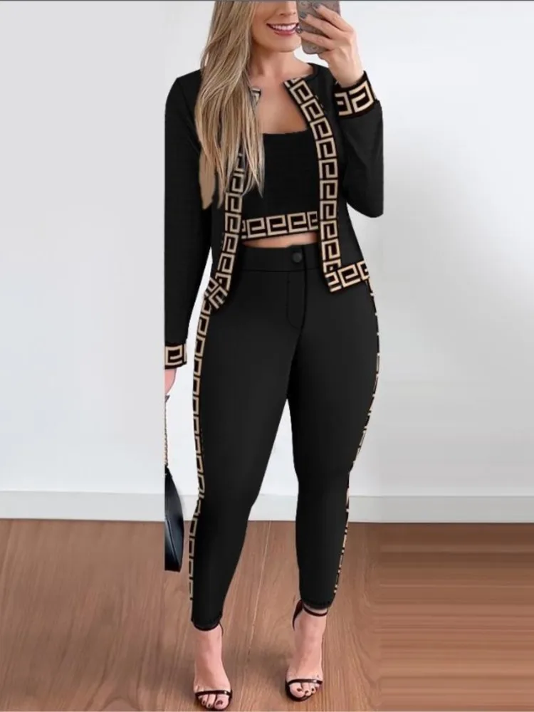 Fashion Houndstooth 3 Piece Set Tops And Slim Long Pant Suit Women Clothing Autumn Tank Cardigan Coat & Bodycon Pants 3pcs Sets