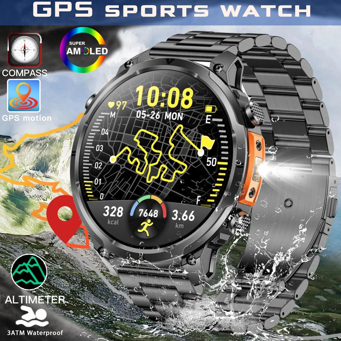 

New men's GPS smartwatch 720mah1.7inch HDscreen wirelesscall 3ATM waterproof 100+Sport LEDflashlight compass barometric altitude