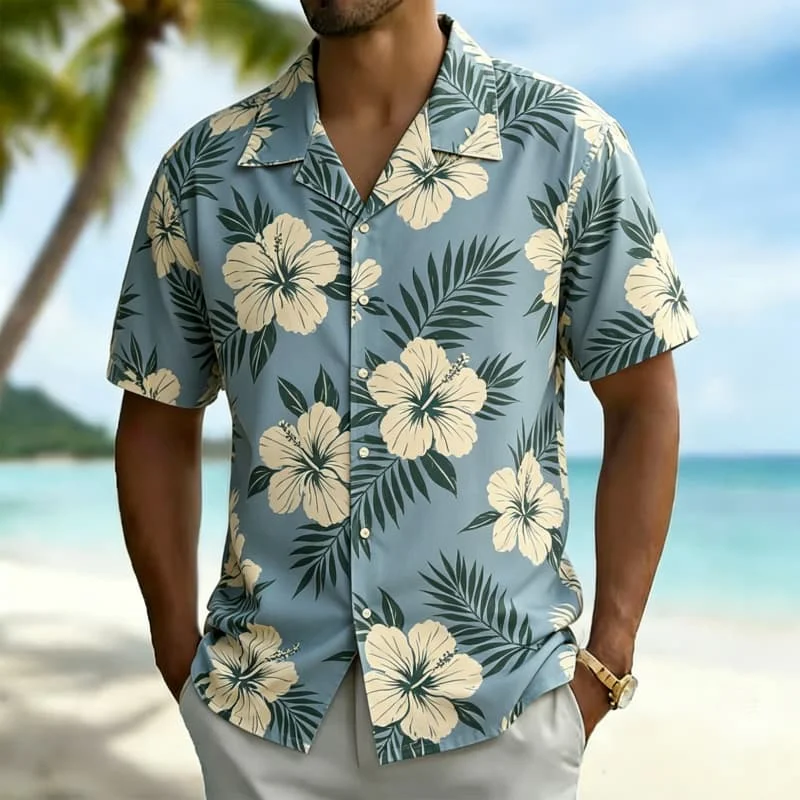 Men's Tropical Hibiscus & Leaf Print Short Sleeve Shirts ，for Summer Gatherings, Beach Parties & Daily Outings