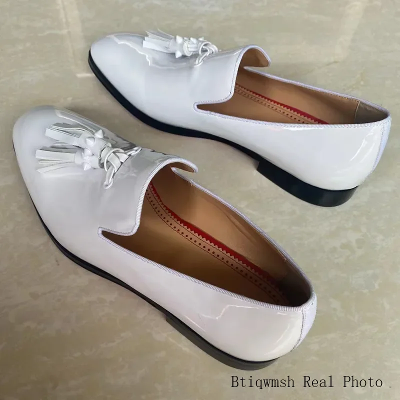 White Rivet Tassel Dress Shoes Man Pointed Toe Black Handmade Slip On Flats Male Luxury Party Shoes