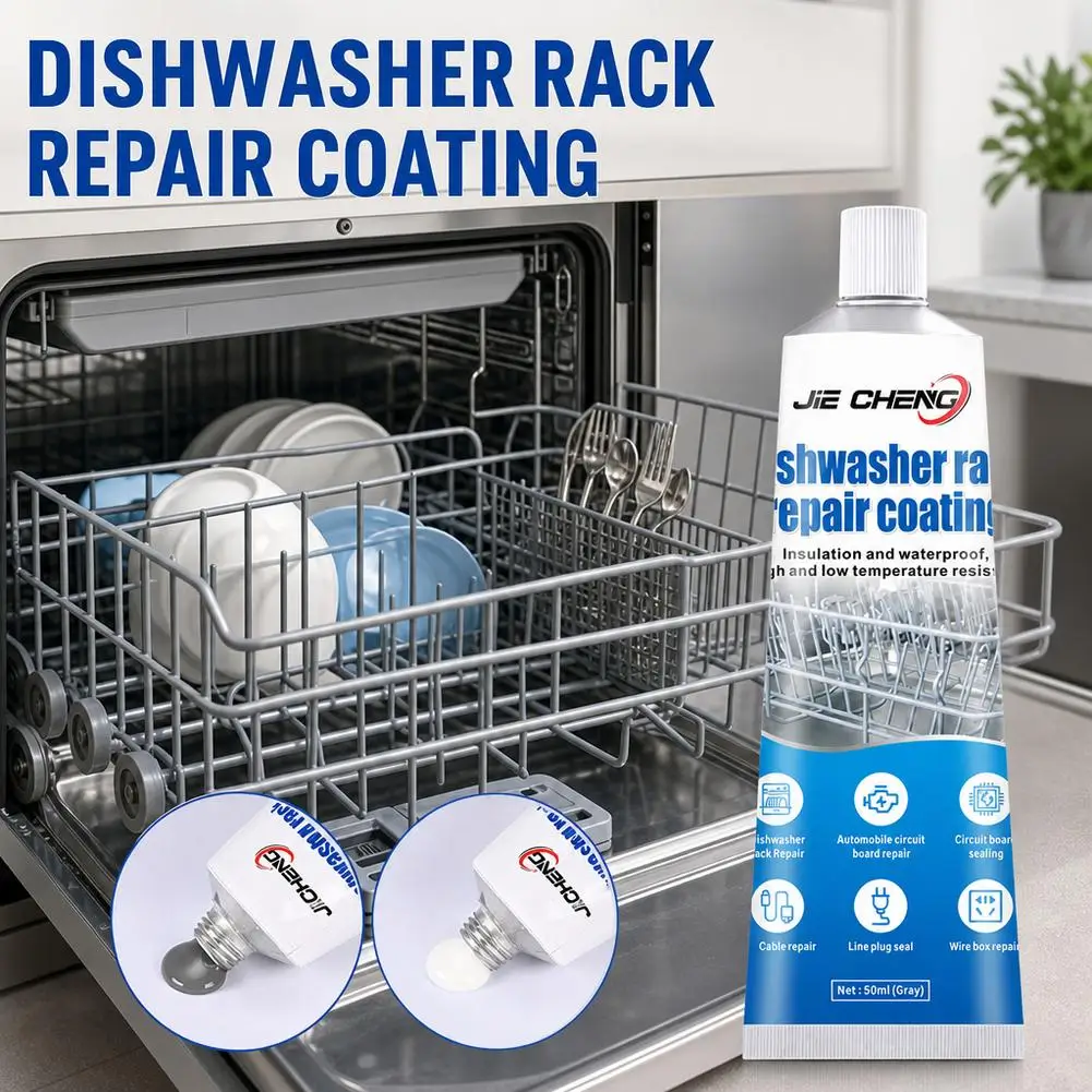 50ml Dishwasher Rack Repair Paint Anti-Rust Glue Sealant Metal Fix Kit with Tip & Scraper for Kitchen Appliance Gray White