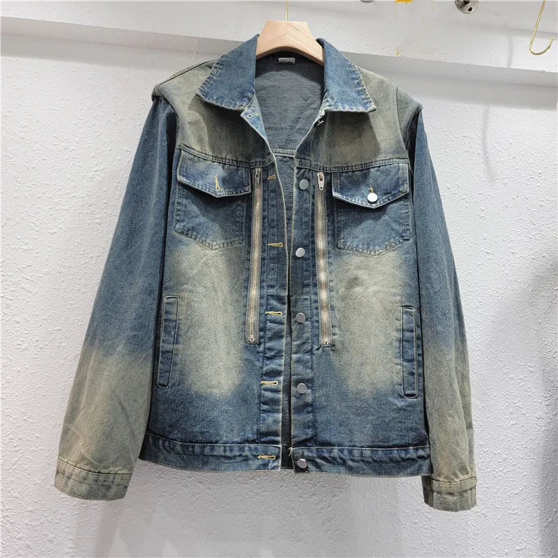 

Women Loose Vintage Blue Denim Jacket Zipper Decorate Lapel Long Sleeve Spring Autumn Casual Couples Colthes Female Jeans Jacket