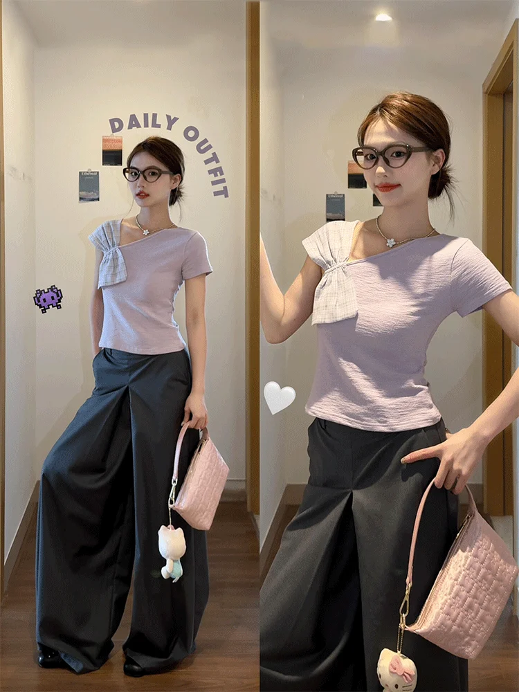 

Корейская футболка с коротким рукавом и асимметричным вырезом на плече, женская летняя облегающая футболка с эффектом похудения, красивый укороченный топ