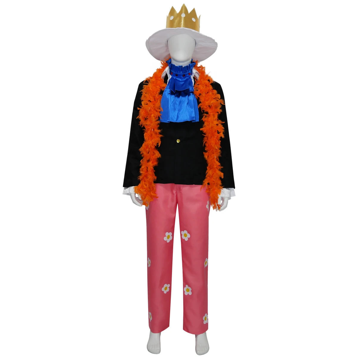 In Stock Brook Cosplay Costume, Soul King Cos Outfit, Men Black Jacket Pink Floral Pants Set with Hat Crown Feather Boa for Hall