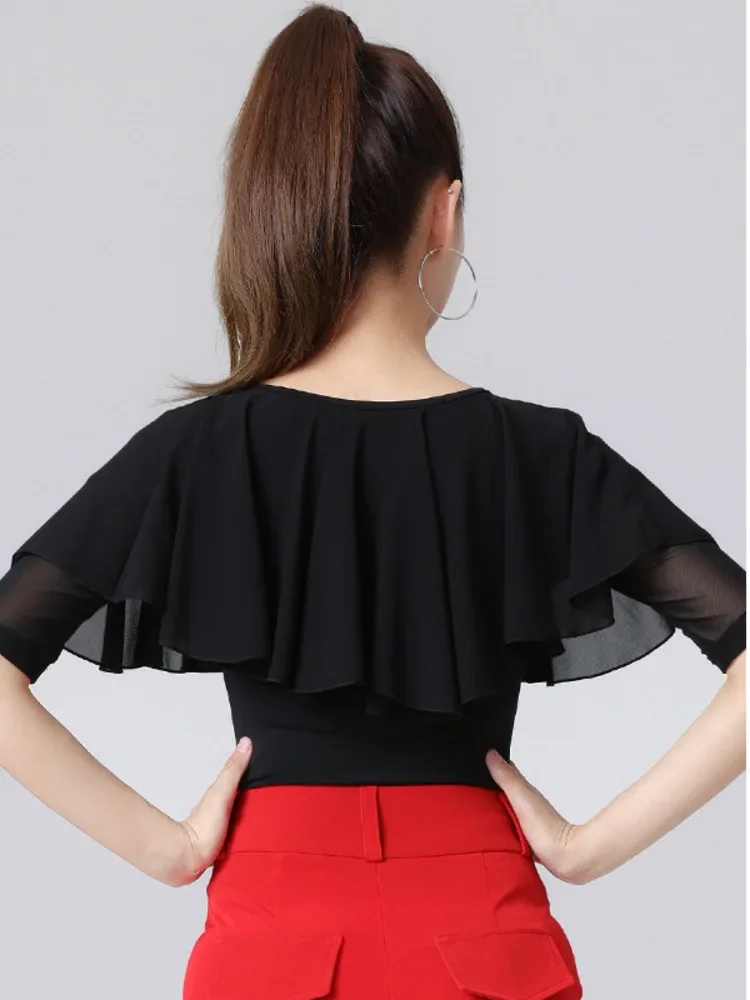 Ruffle Latin Dance Practice Waltz Tops 2023 New Ballroom Girl Jazz Solid Color Competition Costume Female Belly T-shirt