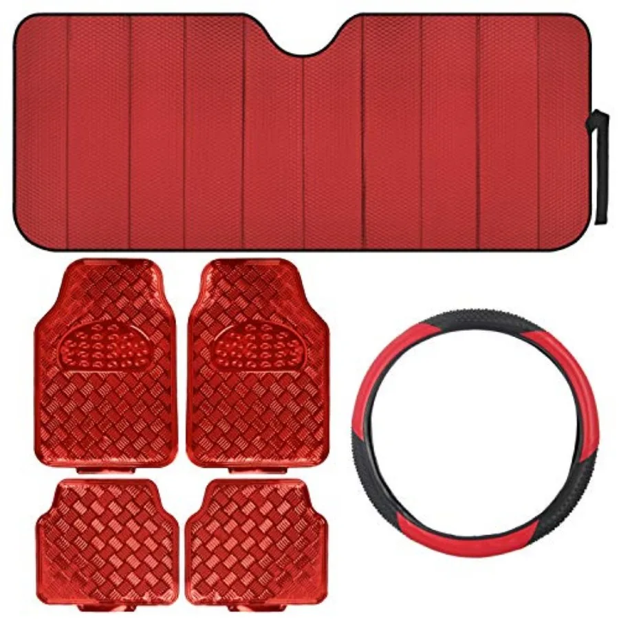 6-Piece Car Accessory Set Heavy Duty Front and Rear Floor Mats Front Windshield Sunshade Sporty Ergonomic Steering Wheel Cover