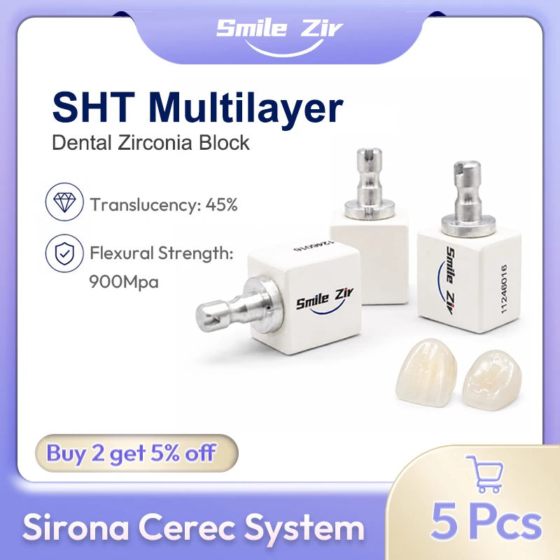 Smile Zir SHT Multilayer Zirconia Disc 5Pcs 45% Translucency Zirconia Block VITA 16 Colors Sirona Cerec System CADCAM Dental Lab