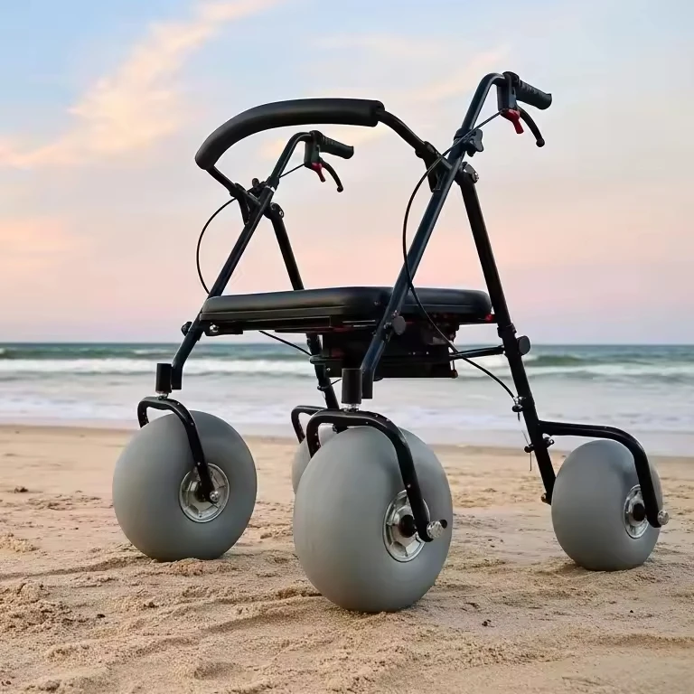 Outdoor Travel Foldable Manual Walking Rollator With Hand Brake Beach Wheelchair Easily Push Durable Walker & Rollator