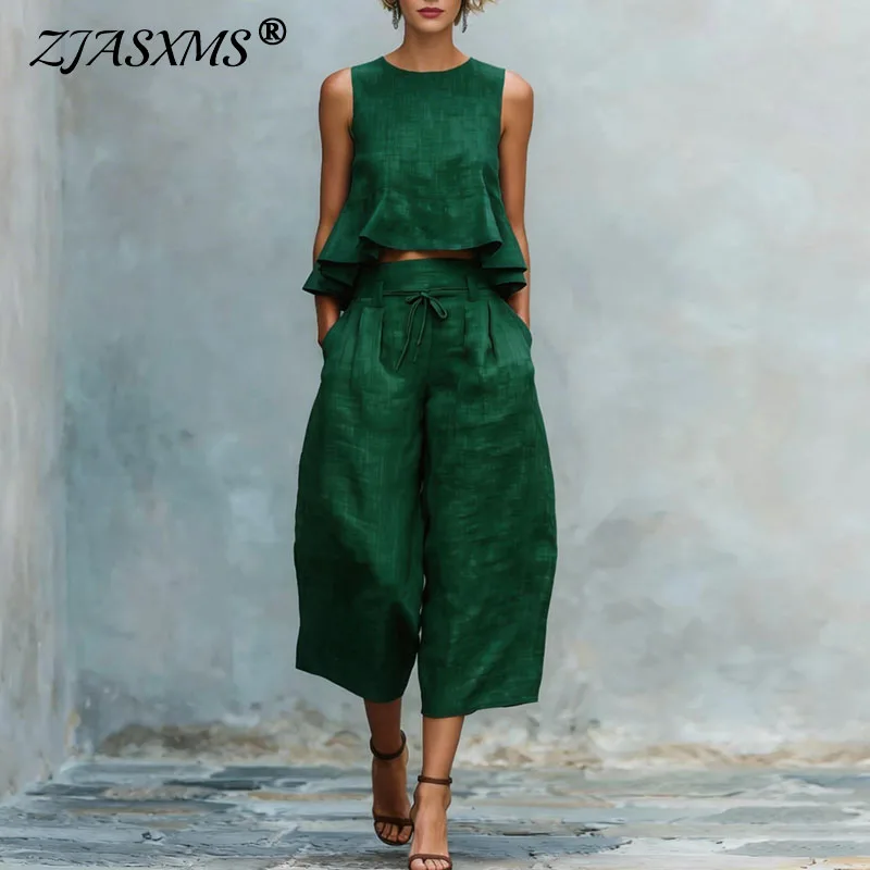 

Spring Summer Vacation Outfits Woman 2026 Elegant O Neck Sleeveless Tank Top And Wide Leg Trousers Suit Casual Ruffle Loose Sets