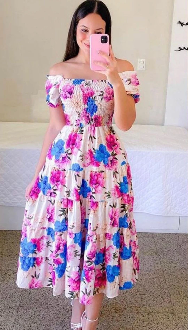 

Sexy Off Shoulder Floral Print Midi Dress Woman Spring Summer Fashion Elegant Slash Neck Short Sleeve Dresses For Women 2023