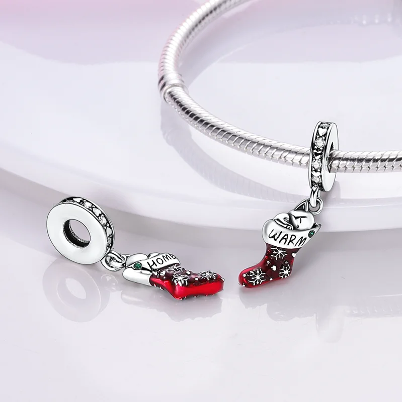 Original Charms 925 Silver Christmas Gift Socks Cat Pendants Fit Charms Plata 925 Bracelets For Women Jewelry Making Fine Gifts