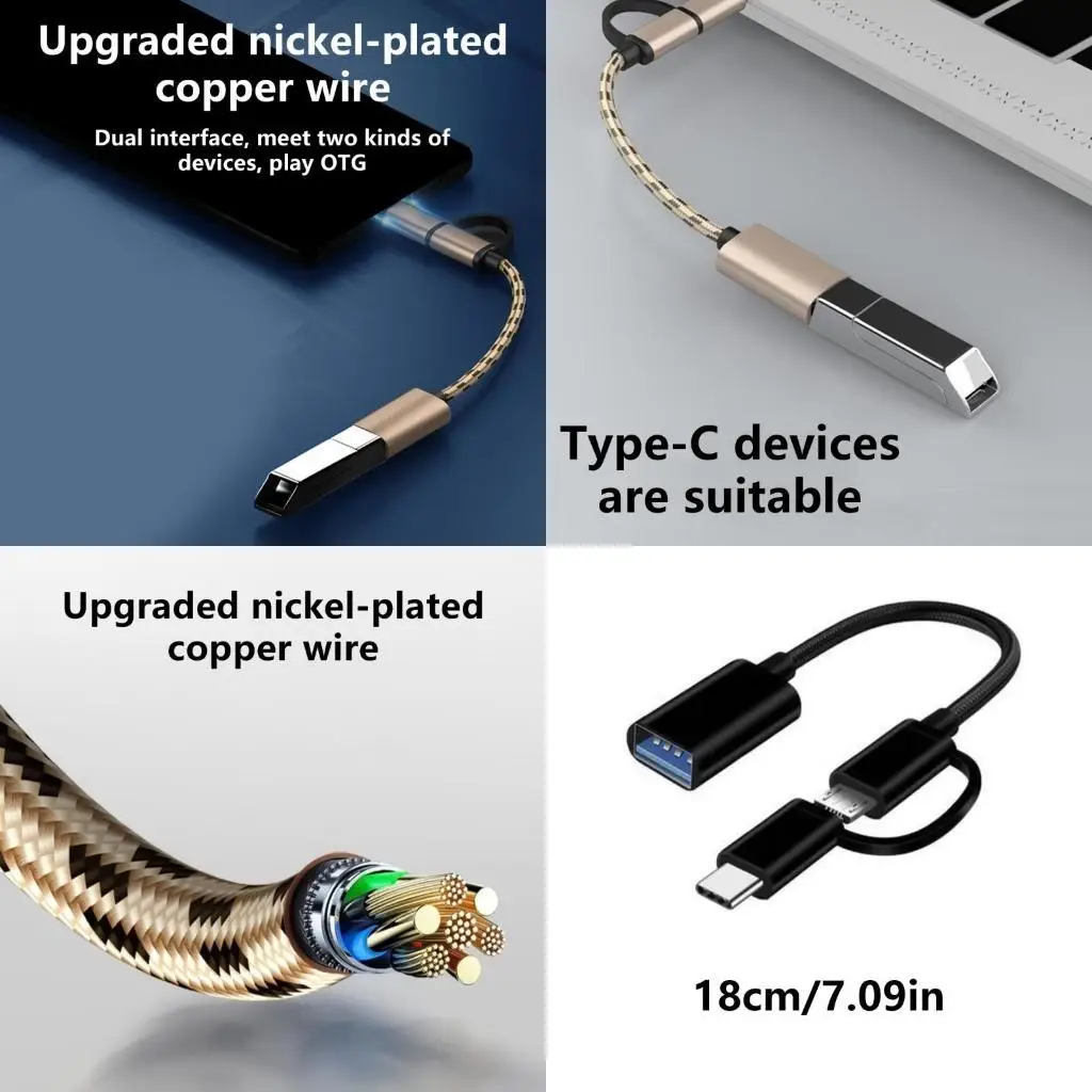 

652F 2Interface USB C/ USB to USB OTG Adapter Cable Compatible for Mouse Gamepad Tablets PC Type C OTG USB Cable