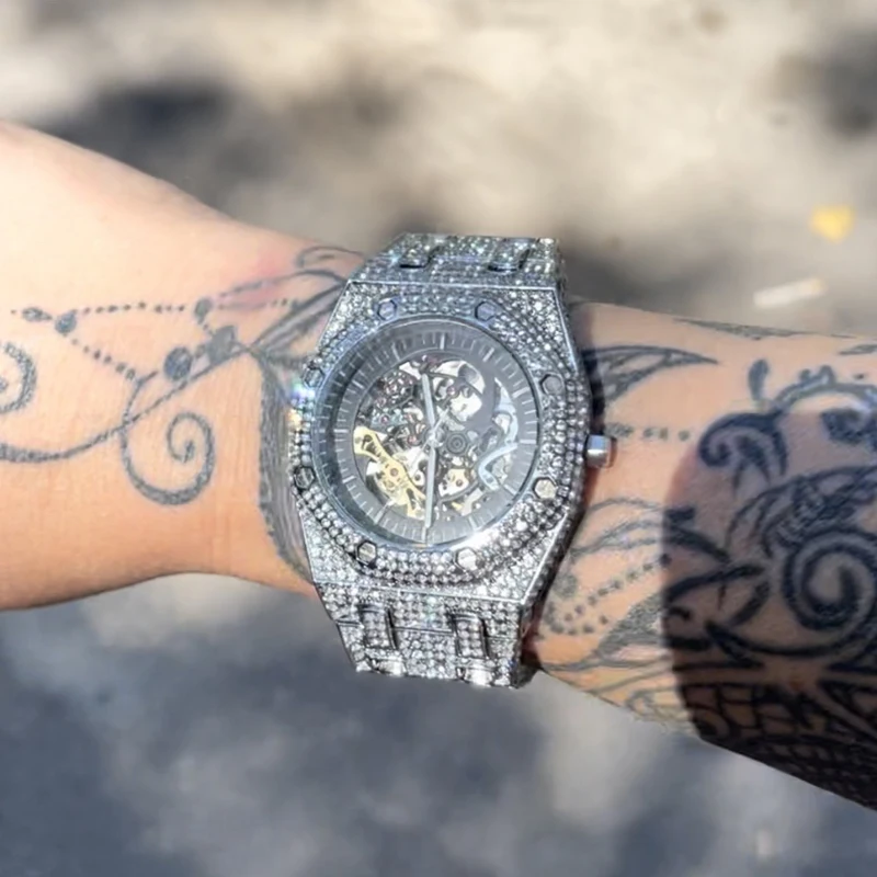 Imagem -02 - Missfox Homens Relógios Mecânicos Automáticos Luxo Moda Auto Data Hip Hop Iced Diamante à Prova d Água Relógio de Pulso Homem Reloj Hombre