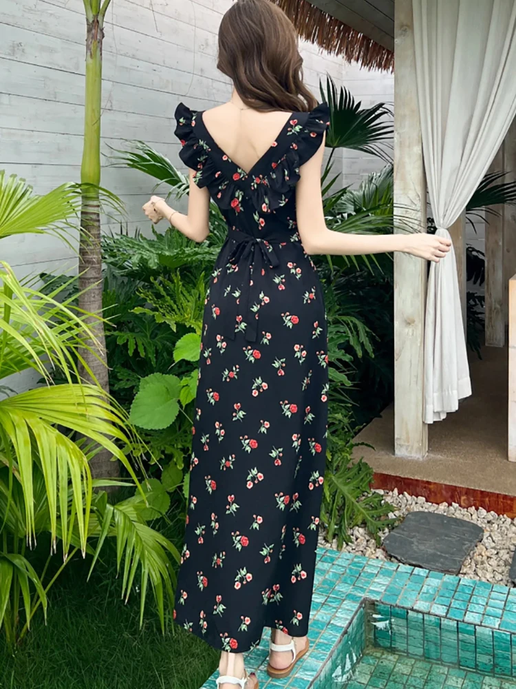 Zomer Zwarte Bloemen Chic Ruches Sling Lange Jurk Vrouwen Koreaanse Vintage Hepburn Jurk 2025, Elegante Bodycon Luxe Avondjurken