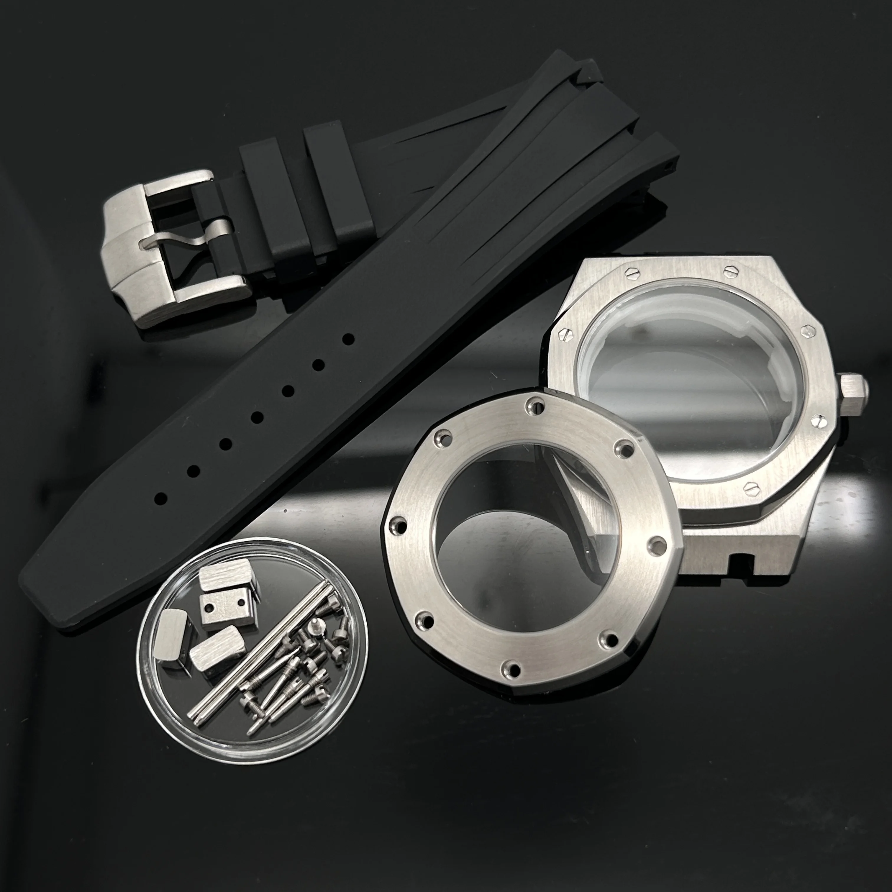 41MM Zilver Zwart Goud Kast Siliconen Band Gesp Fit Royal Oak NH35 NH36 NH70 Beweging Automatisch Horloge voor 31.8mm Wijzerplaat Wijzers