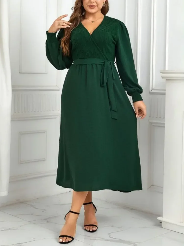 Plus Size Women Dresses Wrap V Neck Belt Elastic Long Sleeves Autumn Fall Sprimg Robe Solid Color Flowy Female Clothing