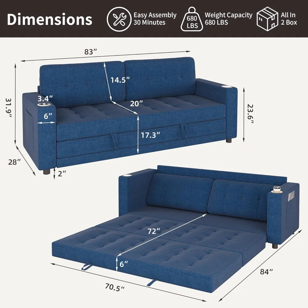 أريكة سرير فوتون مقاس 83 بوصة عرضًا و84 بوصة طولًا، أريكة نوم بمقعدين سميك مقاس 6 بوصات، أريكة قابلة للسحب، أرضية قابلة للتحويل #3