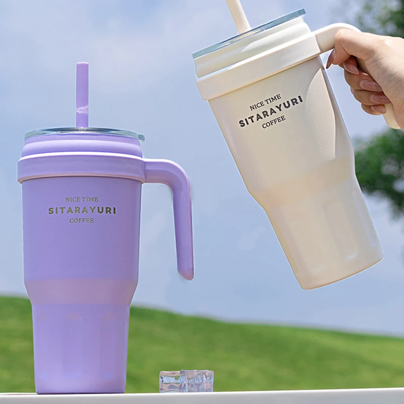 

Большая изолированная бутылка для воды 1100 мл, стакан из нержавеющей стали 304 с ручкой, соломенный дорожный тренажерный зал, термос, кружка, лед, горячий кофе, сок