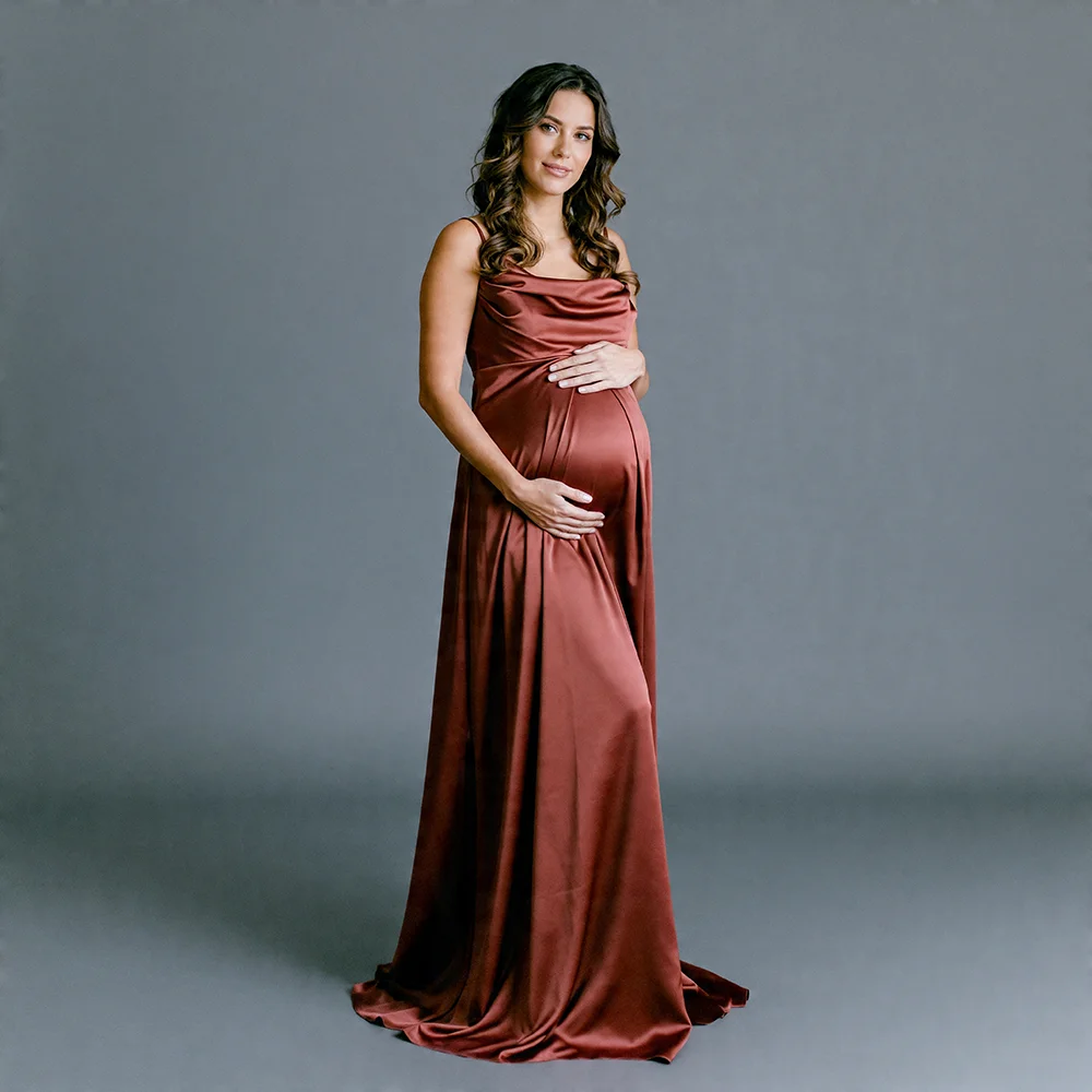 Maternity Dress Photoshoot Brown Spaghetti Cowl Neck Satin Maternity Dress for Pregnant Women Baby Shower Dress Woman YW6420D