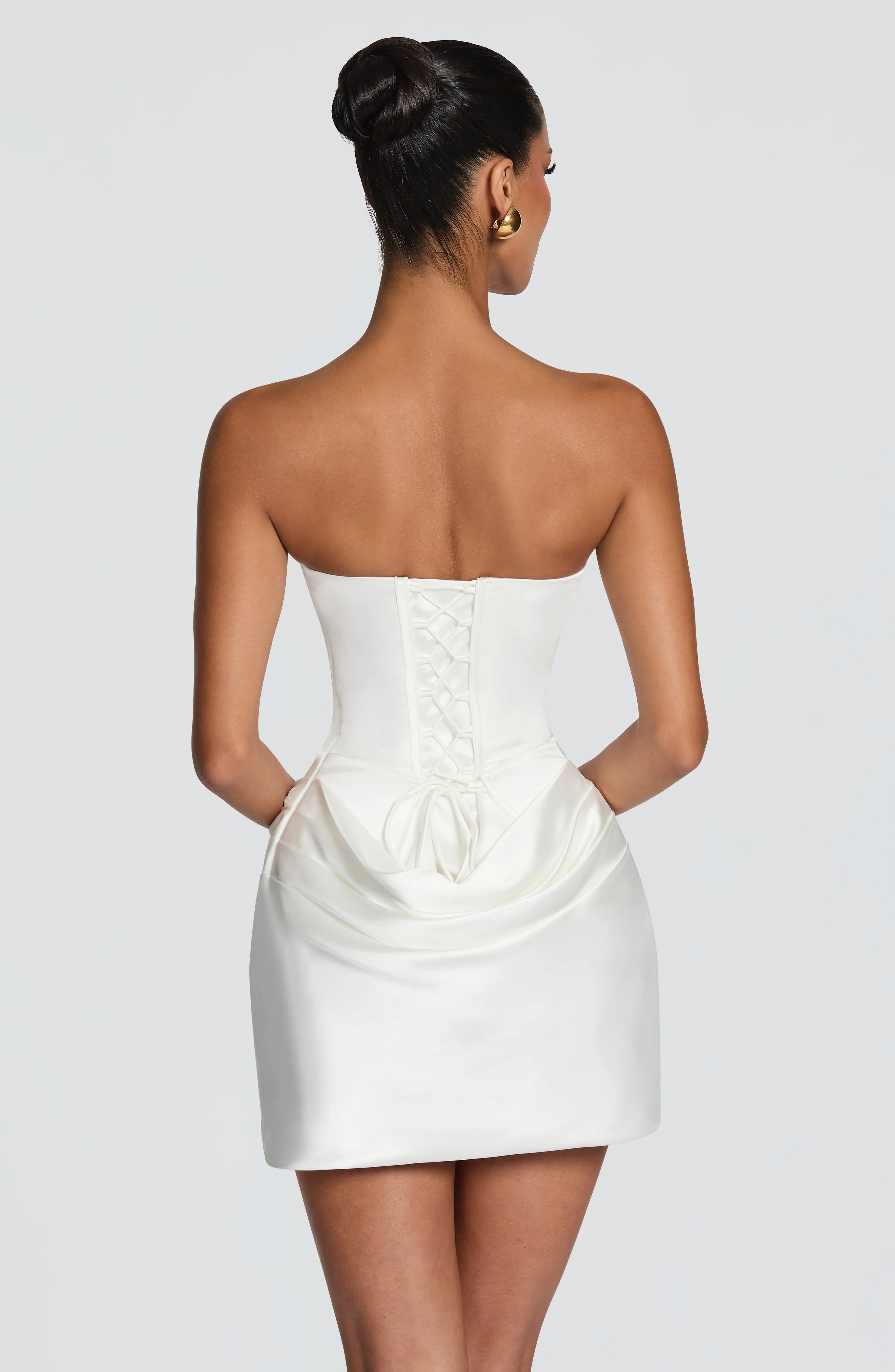 2 Styles White Satin Mini Dress One Shoulder Strapless Corset Ruched Bodycon Short Dress Cocktail Bachelorette Party Gown view 5