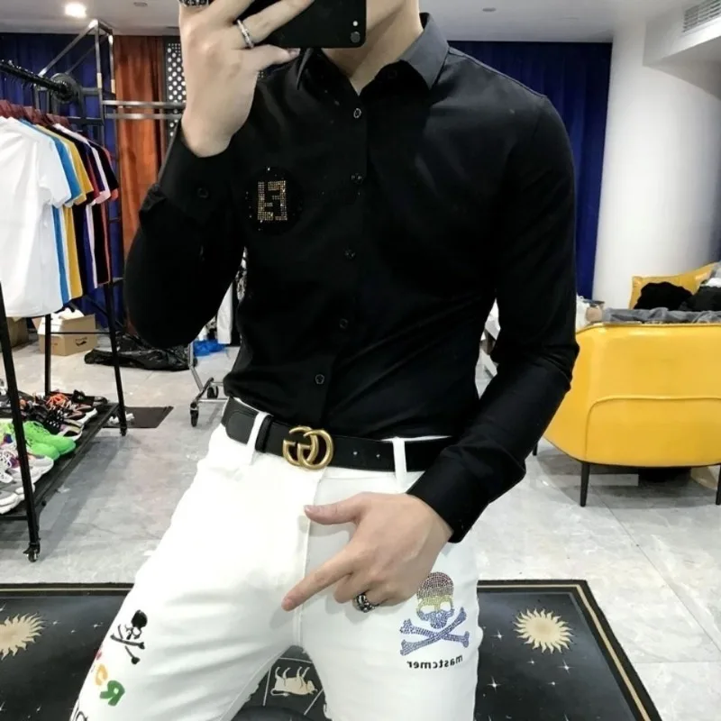 Men's clothing spring and autumn high quality y2k letters hot drilling long sleeve shirt handsome slim shirt