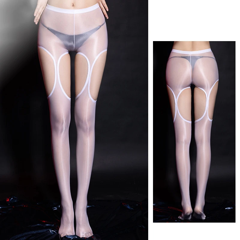 Women Sheer Pantyhose Elastic Oil Glossy Silk Pantyhose Hollow Out Open Crotch Tights Thigh High Ultrathin Stockings