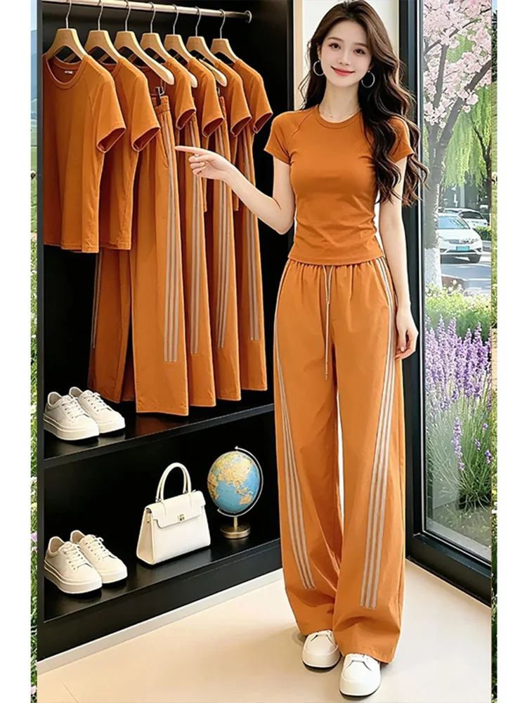 

Summer 2026 Slim Fit Short Sleeve T-Shirt And High Waist Side Stripe Sports Pants Two Piece Set Casual Style Pure Color Top