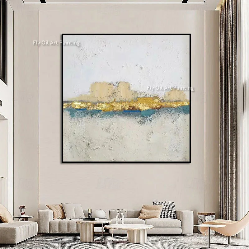 Thick Texture Hand Painted Abstract Seascape Art, Gold Accent Canvas, Soft Neutral Interior Decor