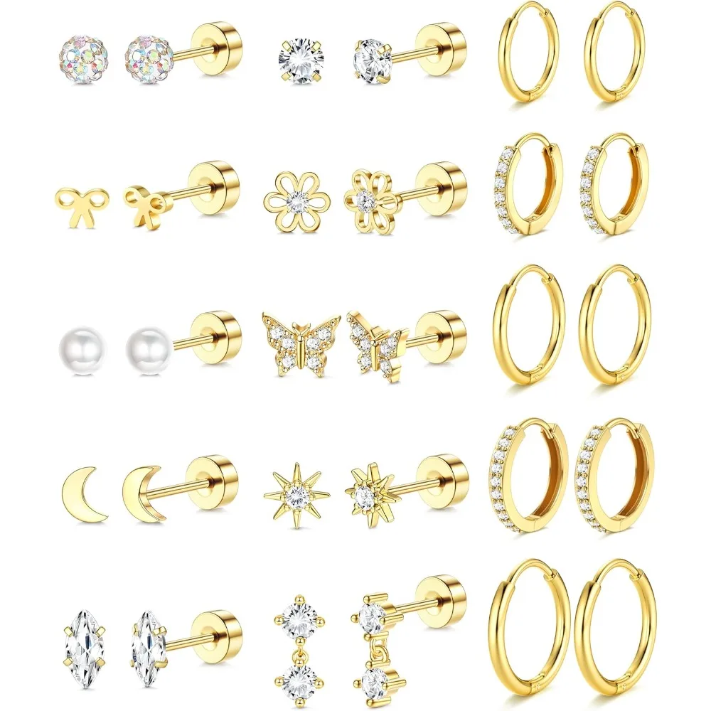 

15 Pairs 14K Gold Plated Earrings Set – 316L Stainless Steel Flat Back Stud & Hoop for Sensitive Ears Cartilage Gift