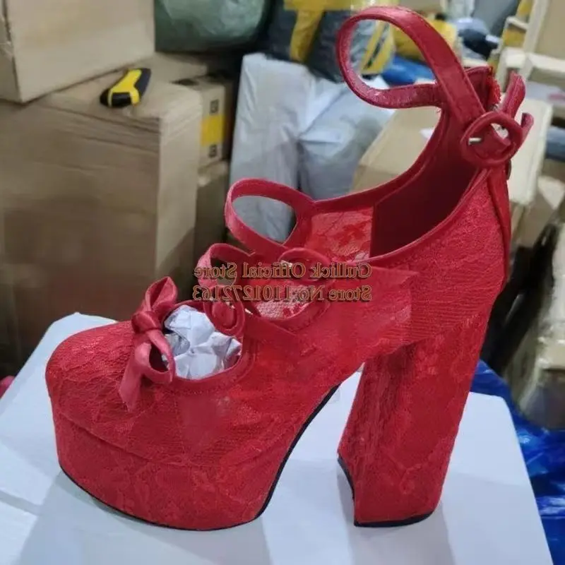 

Butterfly Knot Super High Platform Pumps Red Lace Round Toe Multiple Buckle Strap Chunky Heels Shoes Factory Real Photo