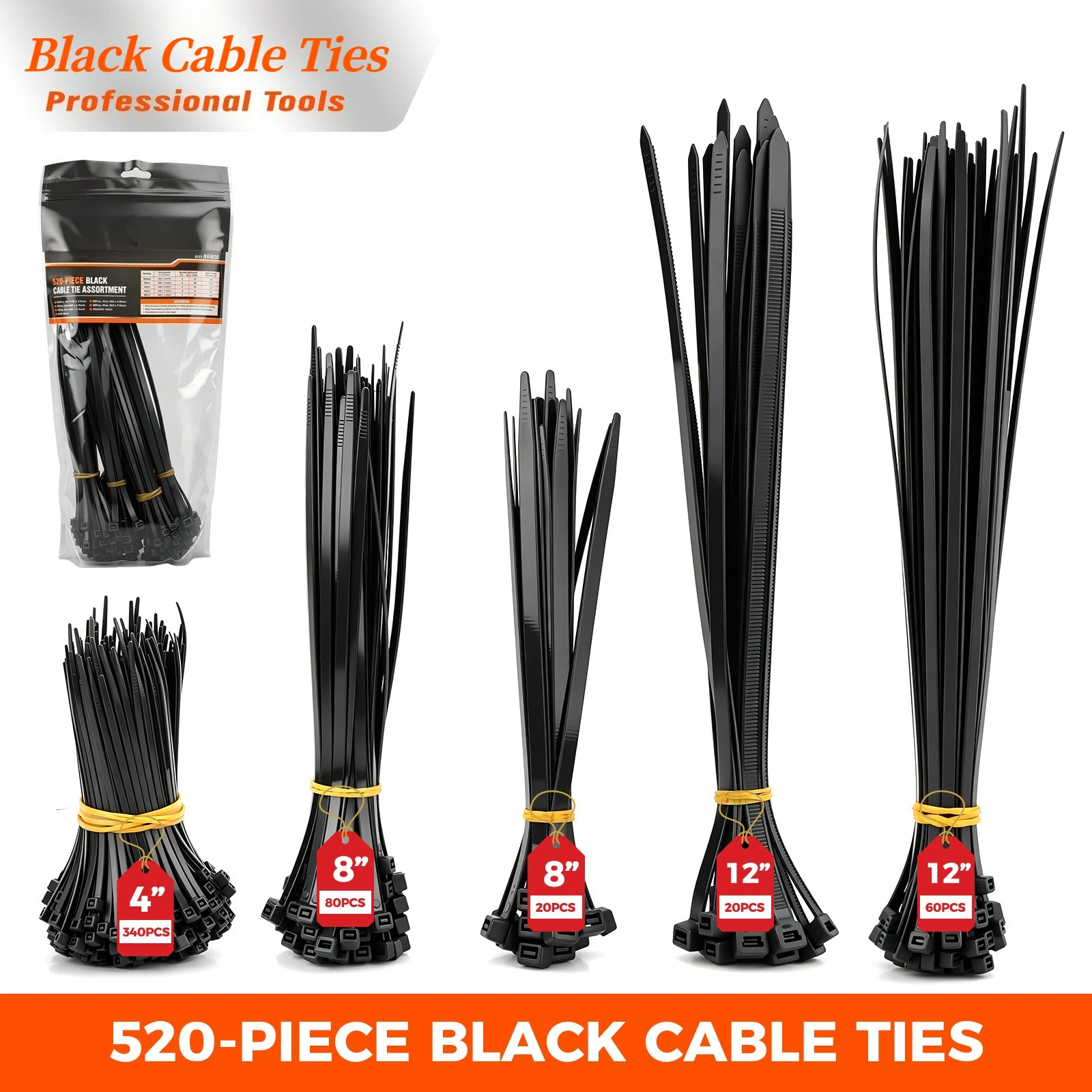 520Pcs Black Cable Ties, Self Locking Nylon Zip Ties Assorted Sizes 4