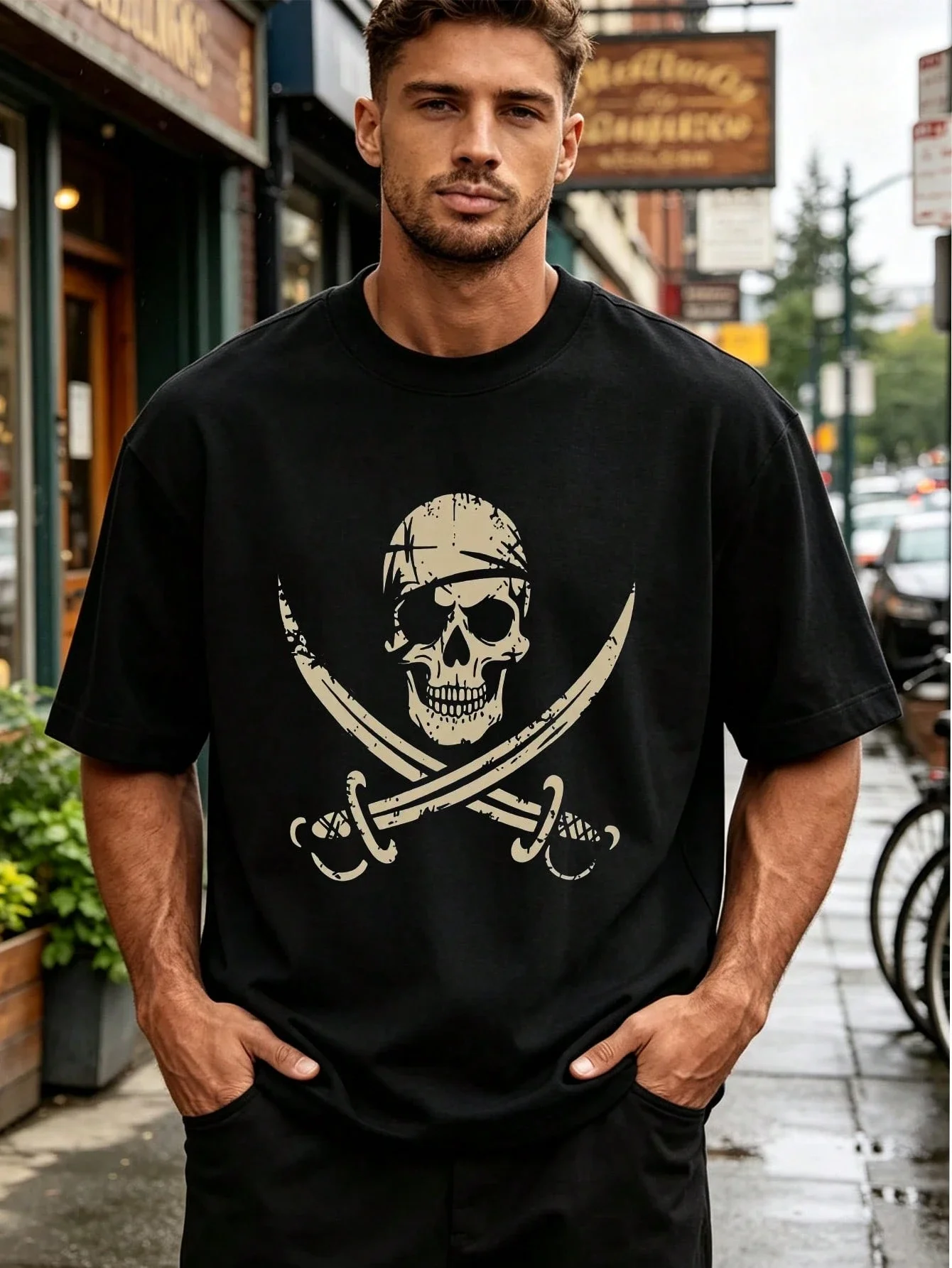 1Pc Man's Pirate Skull Sword Print Black T-Shirt Crew Neck Casual Cotton Tee Regular Fit For Man Spring Summer Fall Gift