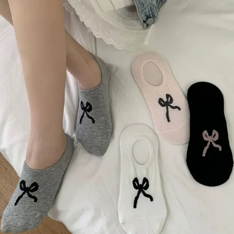 

3Pairs Bow Embroidery Socks Summer Women Girls Solid Color Simple Sweet Socks Anti-Slip Soft Comfortable Socks Fashion Accessory