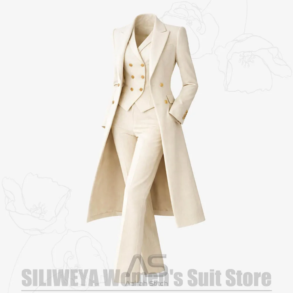 Women's Suit 3 Piece Double Breasted Long Coat Vest Pants Elegant Formal Business Wear Luxury Wedding Party Prom Outfit 2026