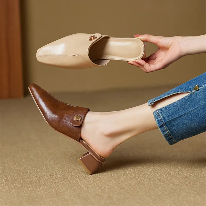 

Новые весенне-летние туфли-мюли из спилковой кожи с квадратным носком на среднем каблуке для женщин, модные ретро-туфли на массивном каблуке