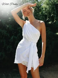 WildPinky New Fashion Ruffle One Shoulder Solid White Summer Mini Dress Women Holiday Sleeveless Knot High Waist Irregular Dress
