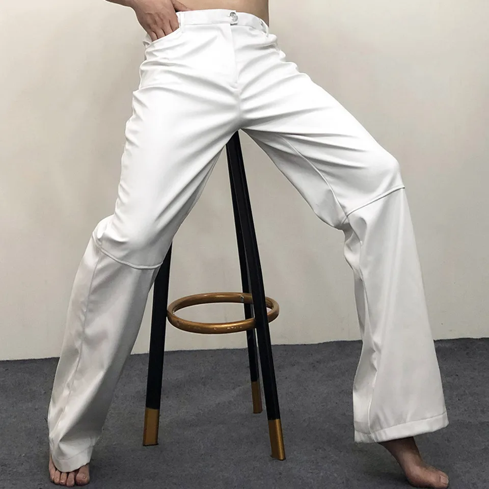 Men's Straight Tube Loose Casual Leather Pants Solid Color Fashion Black White Red Trousers Oversize Nightclub Stage Costume