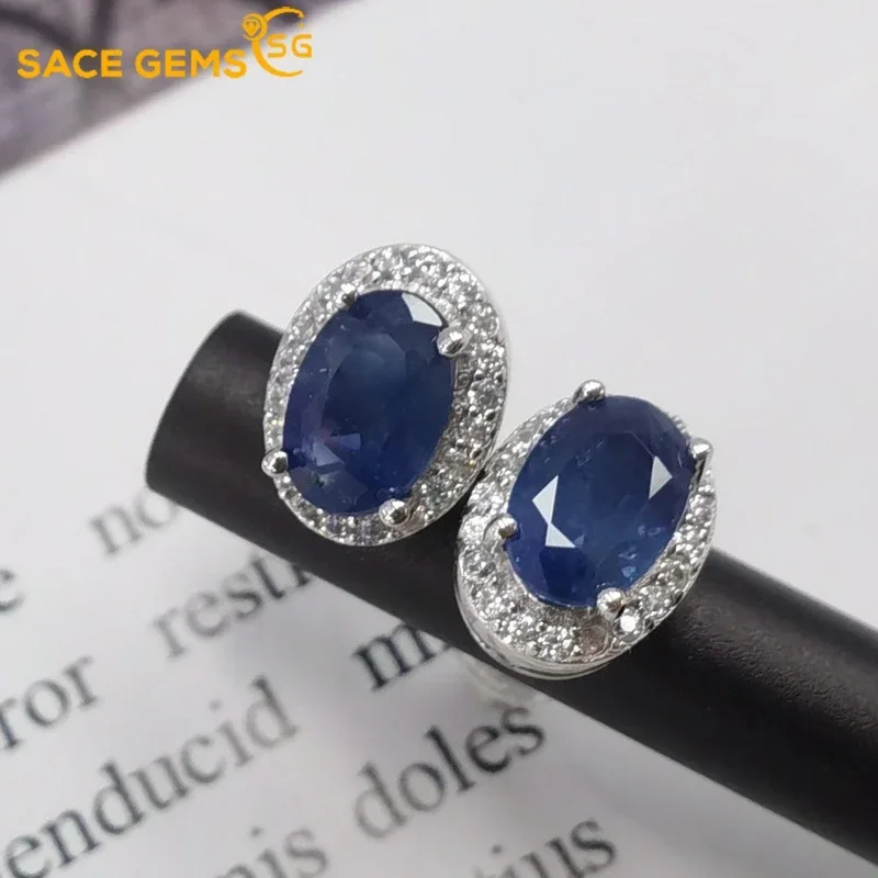 

SACE GEMS Fashion Jewelry Earrings for Women 100% 925 Sterling Silver Sapphire Stud Earrings Wedding Party Fine Jewelry Gift