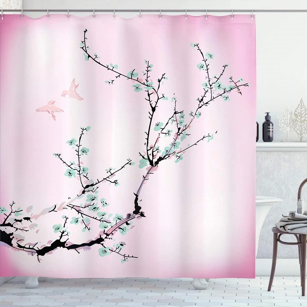 

Flowers Birds Shower Curtain Baby Pink Floral Buds Birds Cherry Branches Pattern Bath Curtains Bathroom Waterproof with Hooks