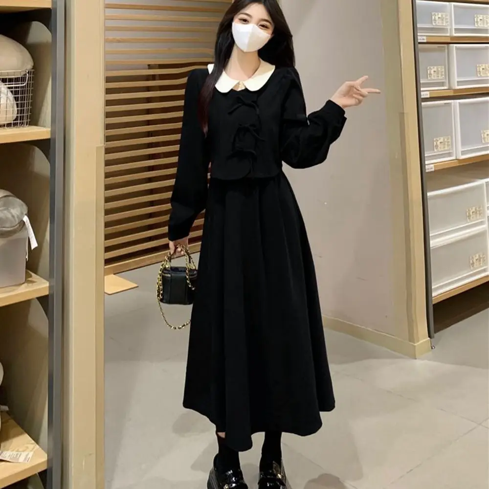 Plus Size 6XL 150kg Autumn Winter Women Long Dress Peter Pan Collar Oversized Loose Dress High Waist Women Maxi Dress