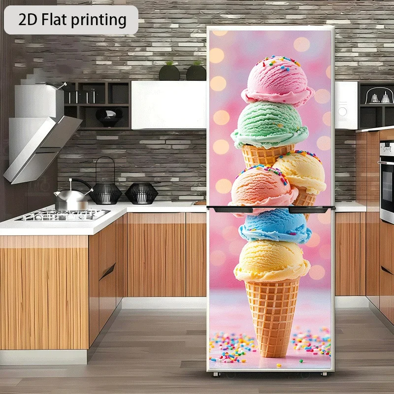 Refrigerator Sticker Colorful Ice Cream Cone Stacking Theme Design Wall Decal Self-Adhesive Wallpaper Suitable for Cabinets an