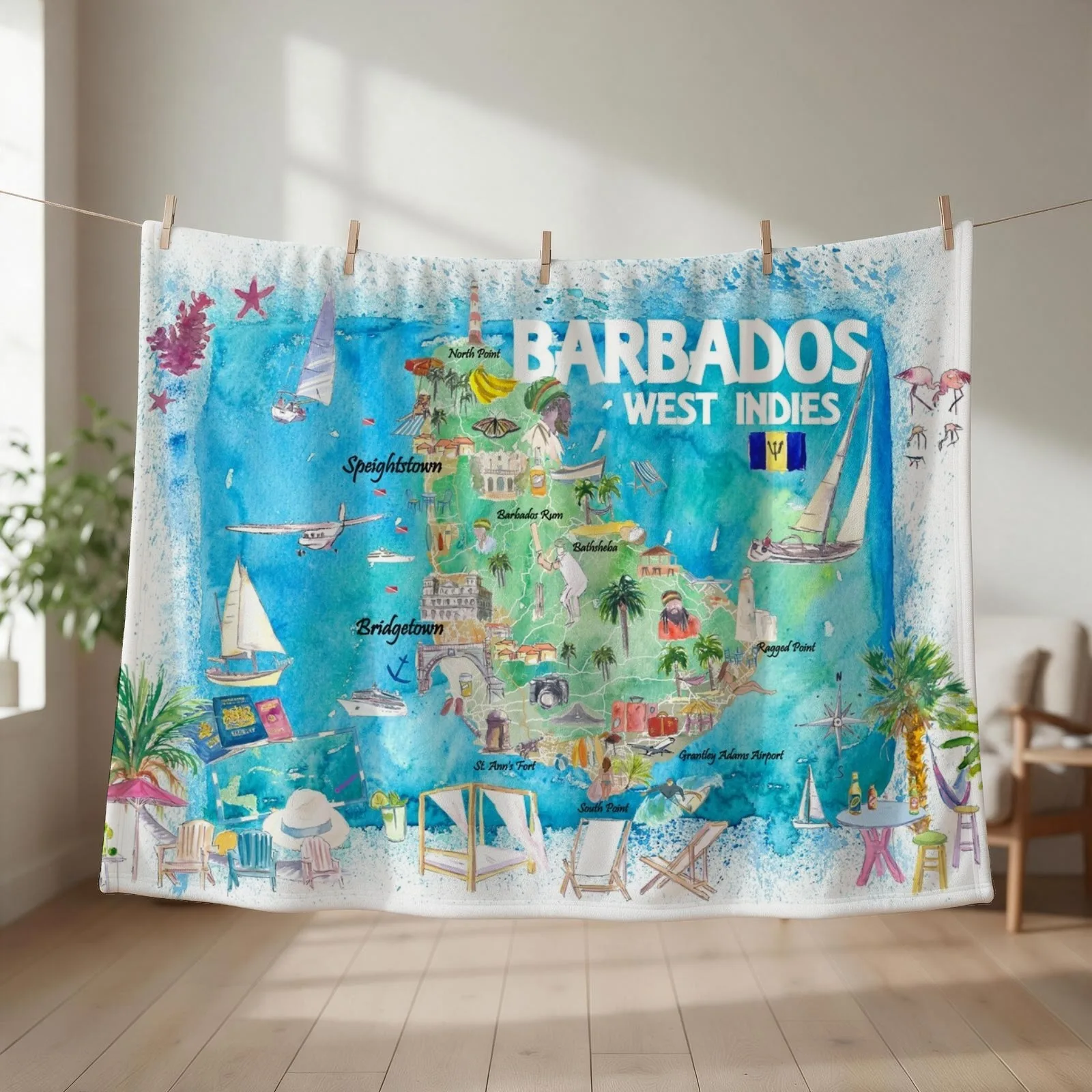 Barbados West Indies Illustrated Caribbean Island Travel Map with Highlights Throw Blanket Bed covers Plaid Nap Furrys Blankets