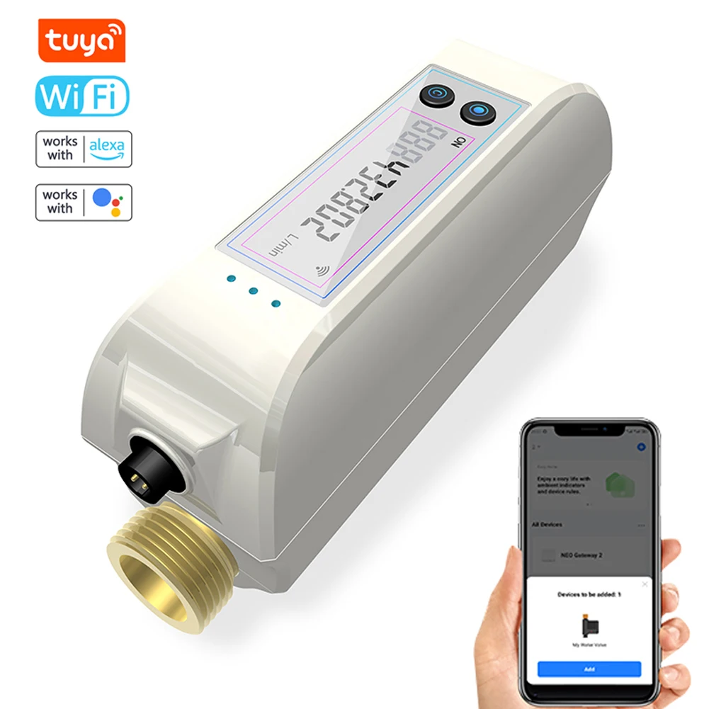 Tuya WiFi Intelligent Watervalve Dual-Band Flowrate Meter Mobilephone APP Control Home Water Management Device Compatible