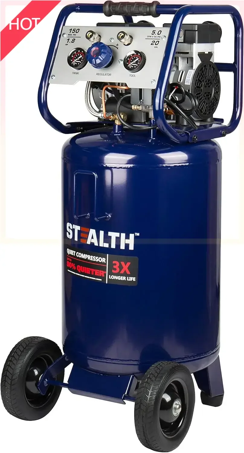 

Сверхтихий воздушный компрессор емкостью 20 галлонов, безмасляный пик 1,8 л.с., 150 фунтов на квадратный дюйм, 68 децибел, 5,5 куб. футов в минуту при 40 5 90, бесшумный длинный