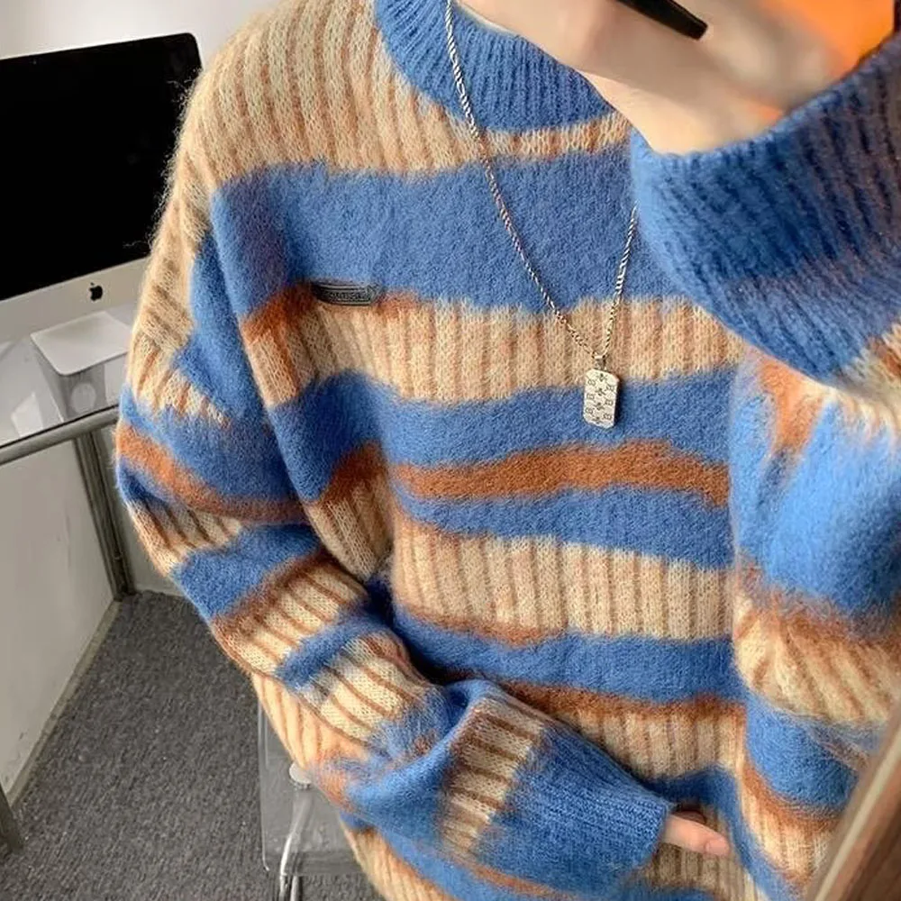 Men\'s Y2K Blue Vintage Striped Knit Knitwear Couple Sweater Sweatshirts Korean Autumn Winter Clothes Pullovers Blouse Tops Men